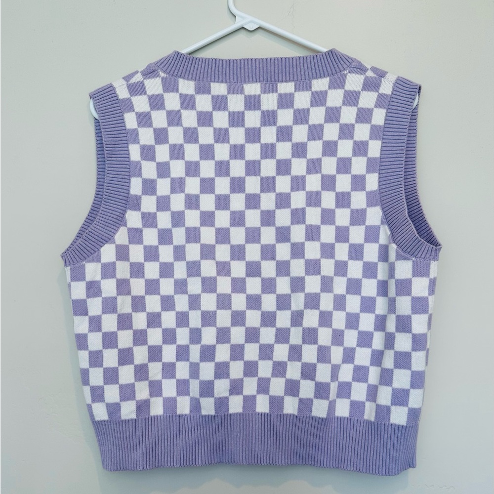 Stradivarius Sweater Vest Checkered Purple White Small - Picture 2 of 3